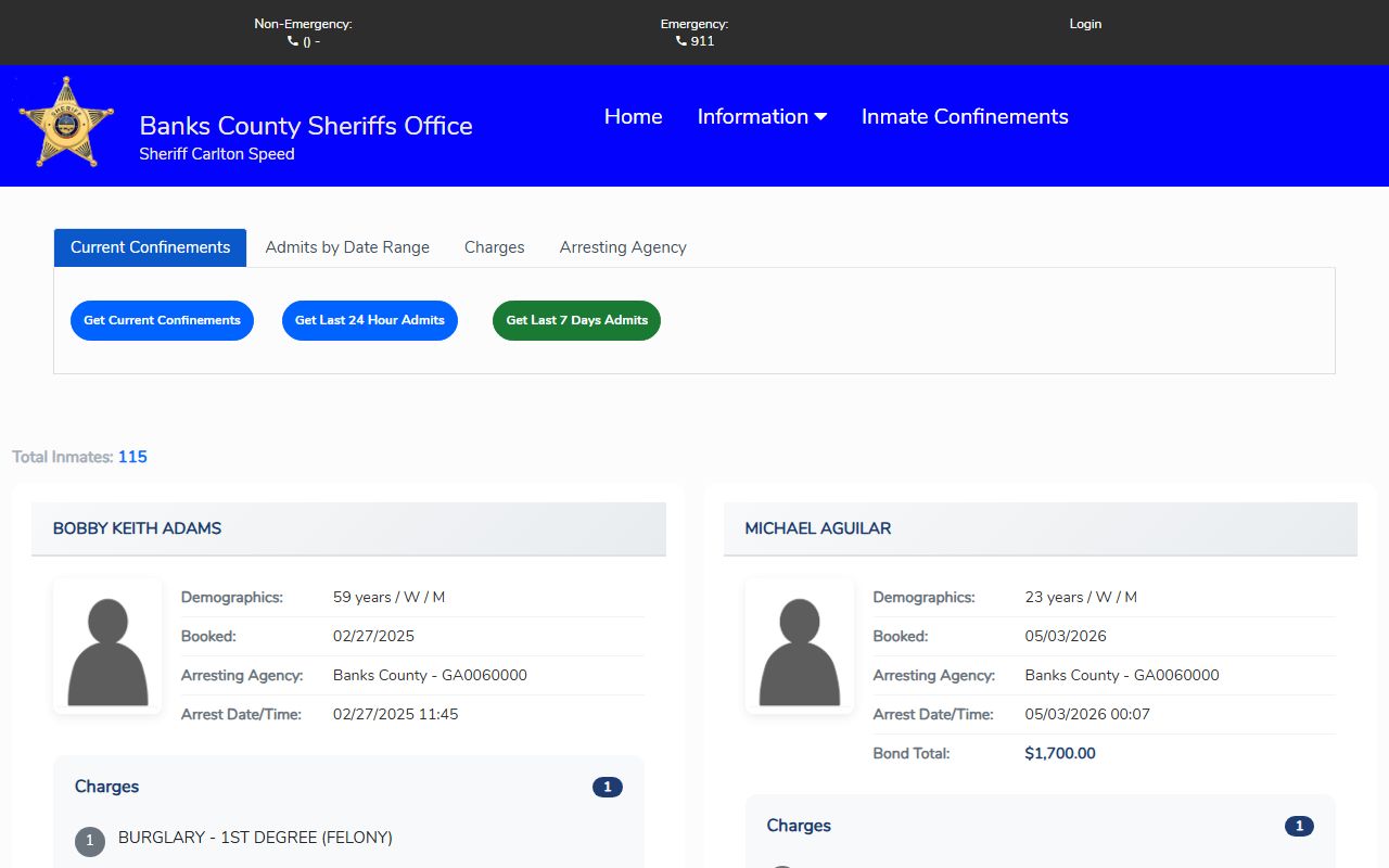Banks County inmate search portal for current confinements and booking records