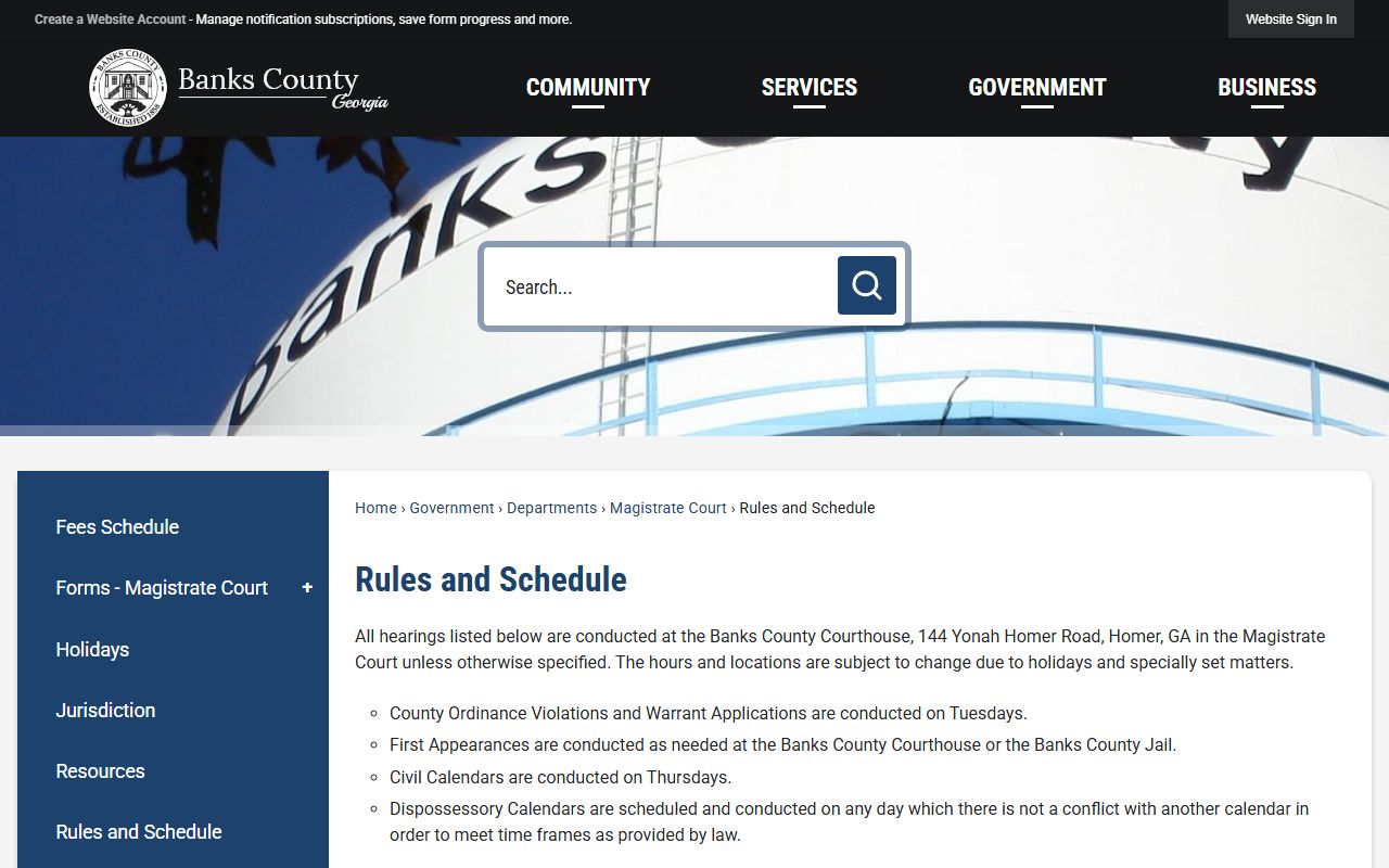 Banks County Magistrate schedule for court records after arrest